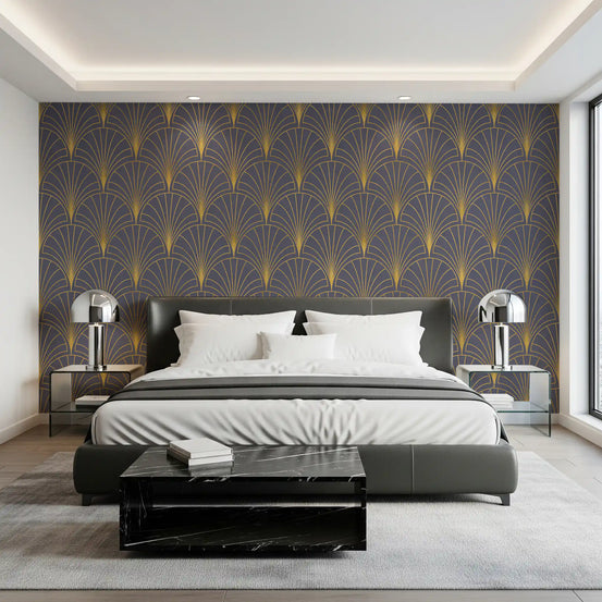 Bedroom Mauve decorative wall pattern with structured gold geometric detailing