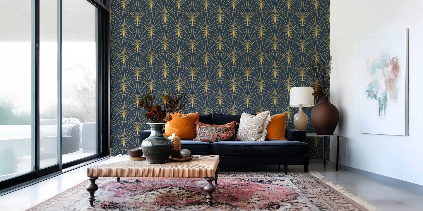 Regal Gatsby Midnight Blue and Gold Wallpaper⁠