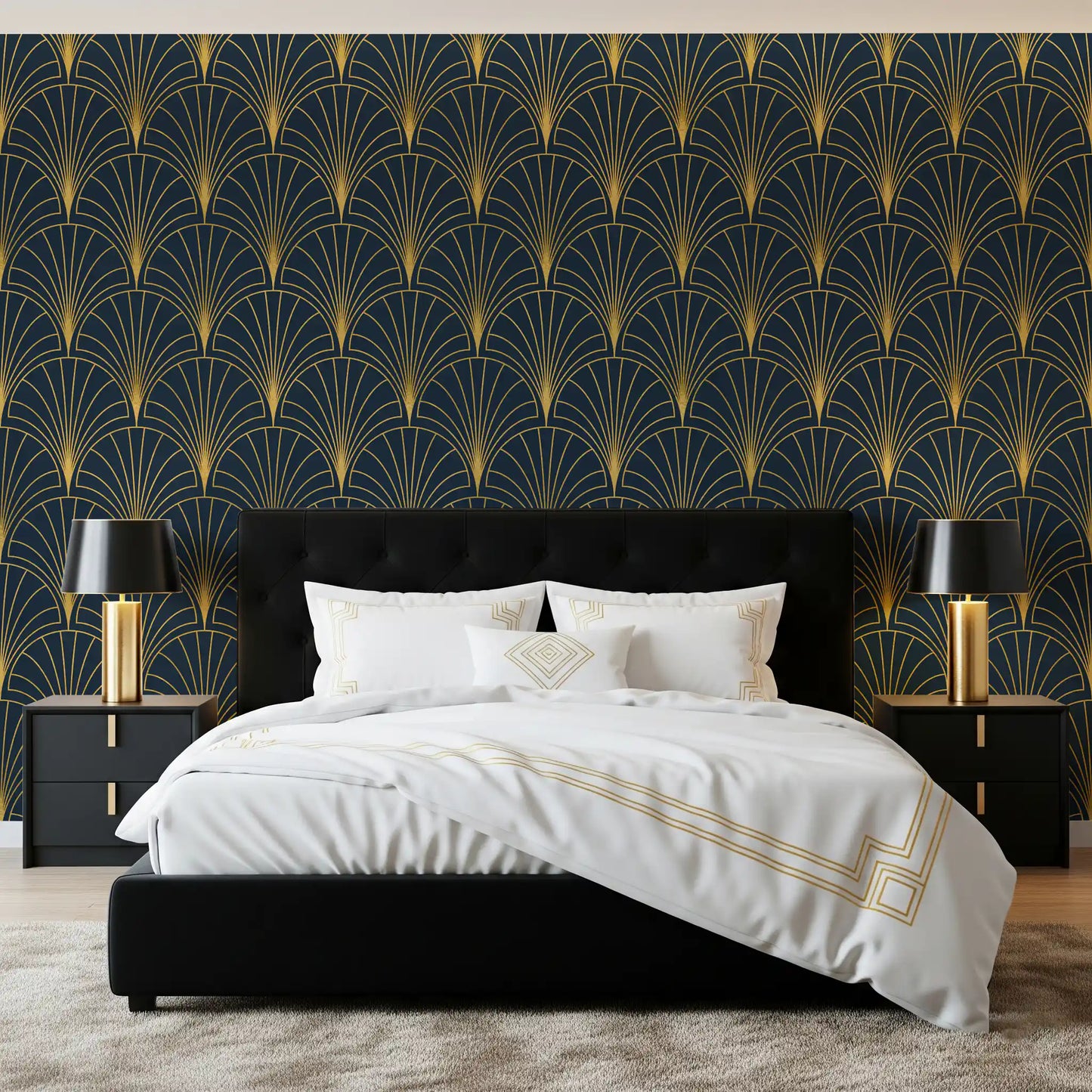 Regal Gatsby Midnight Blue and Gold Wallpaper⁠