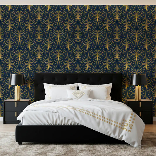 Bedroom Regal Gatsby midnight blue wallpaper with gold Art Deco geometric luxury pattern