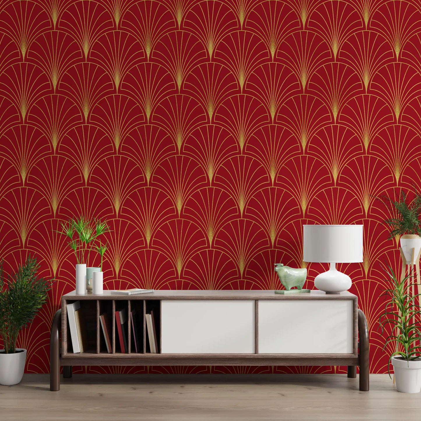 Crimson & Gold Art Deco Fans Wallpaper⁠