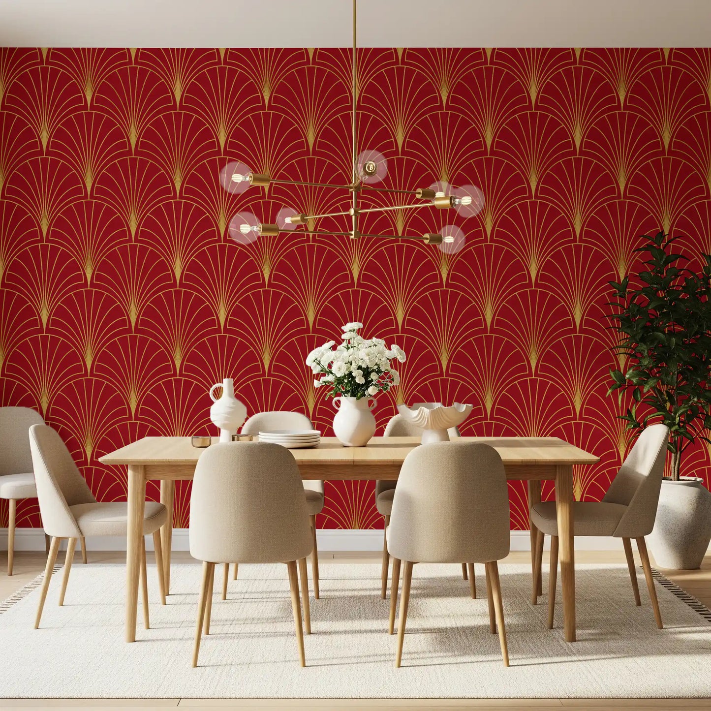 Crimson & Gold Art Deco Fans Wallpaper⁠