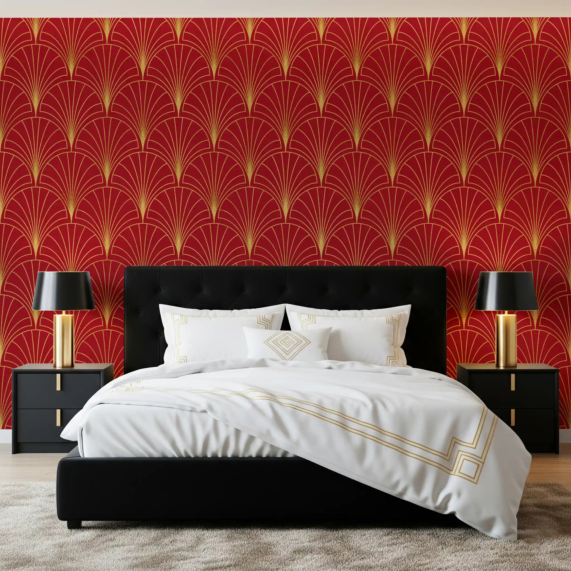Bedroom Crimson and gold Art Deco fan wallpaper with bold geometric luxury pattern design
