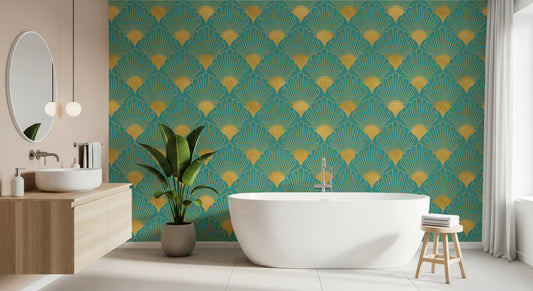 Glamorous Fan Wallpaper repeating Art Deco style with rich teal and gold tones