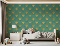 Glamorous Teal and Gold Fan Wall Décor Wallpaper⁠