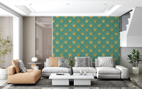 Glamorous Teal and Gold Fan Wall Décor Wallpaper⁠