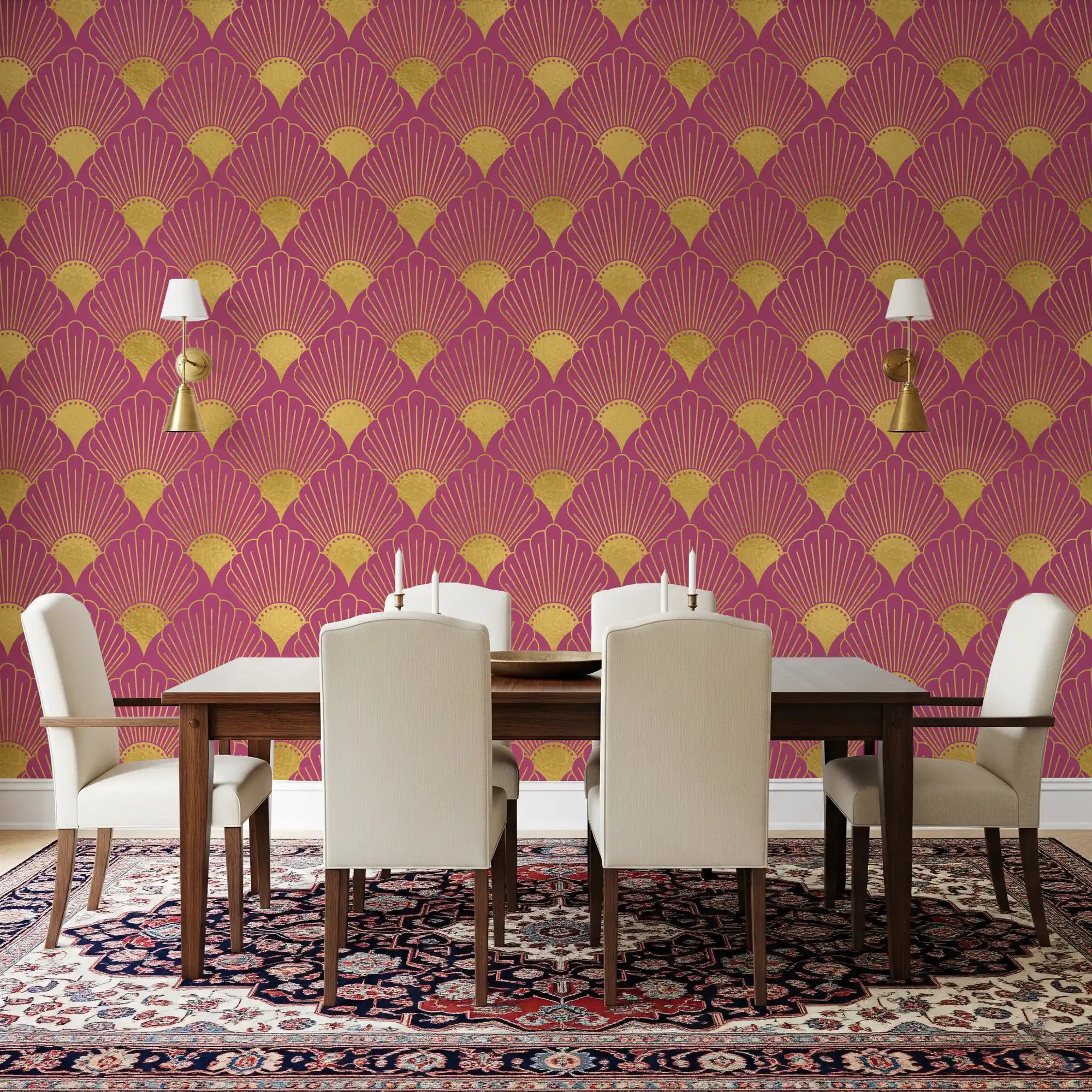 Dining room Pink Gatsby Art Deco wallpaper with gold fan-shaped luxury geometric pattern