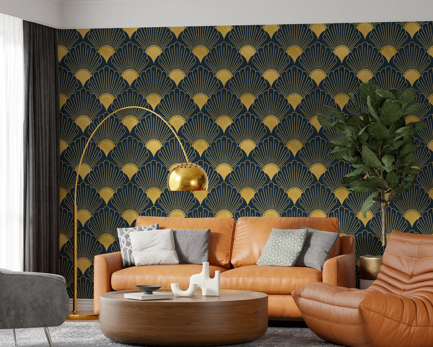 Opulent Deco Shell Navy & Gold Wallpaper Wallpaper⁠