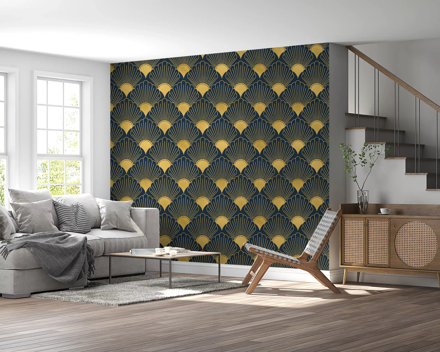 Opulent Deco Shell Navy & Gold Wallpaper Wallpaper⁠
