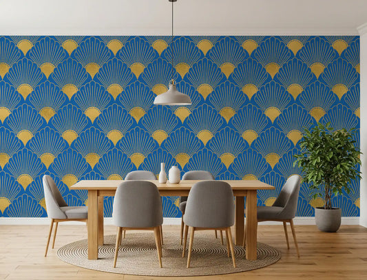 Art Deco Golden Fans Royal Blue Wallpaper for dining area with repeating gold fan geometry