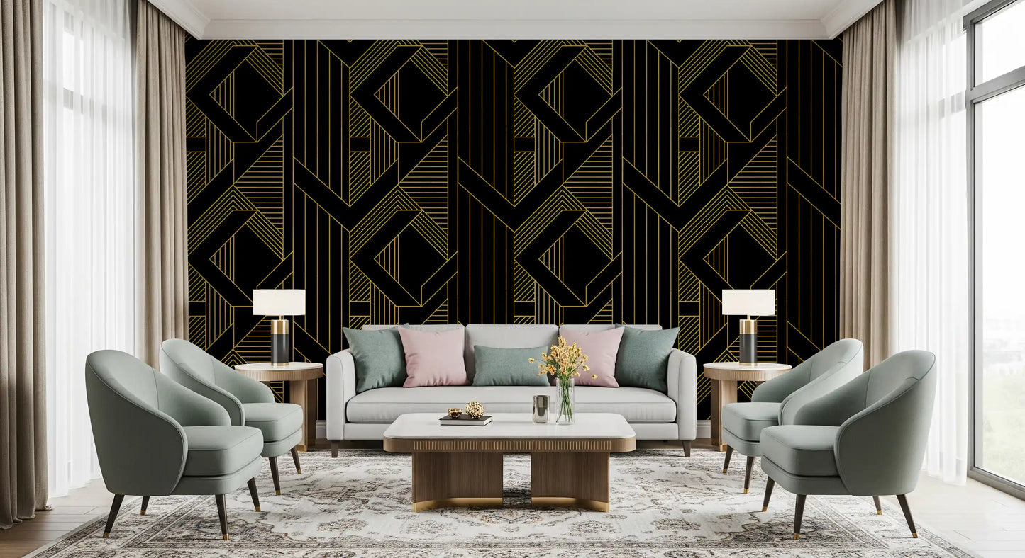 Gilded Gatsby Black and Gold Geometric Wallpaper