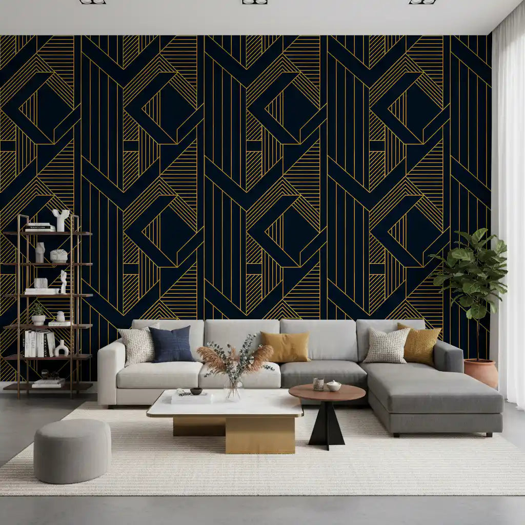 Luxurious Navy and Gold Art Deco Geometric Wallpaper