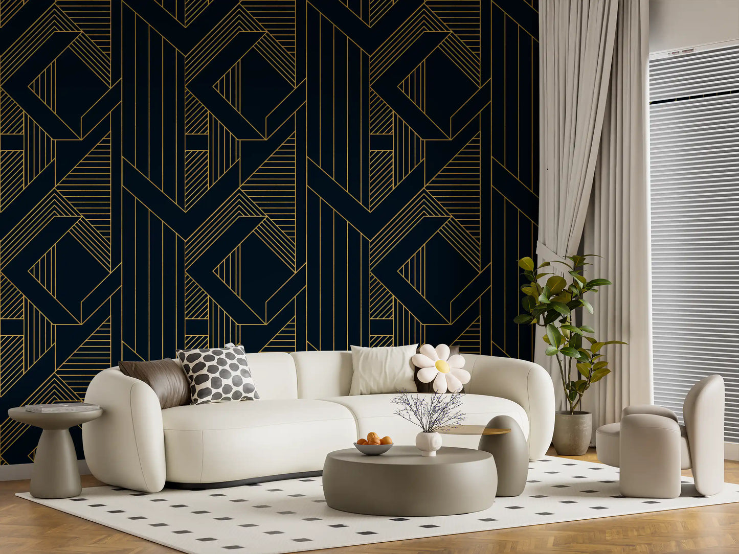 Luxurious Navy and Gold Art Deco Geometric Wallpaper