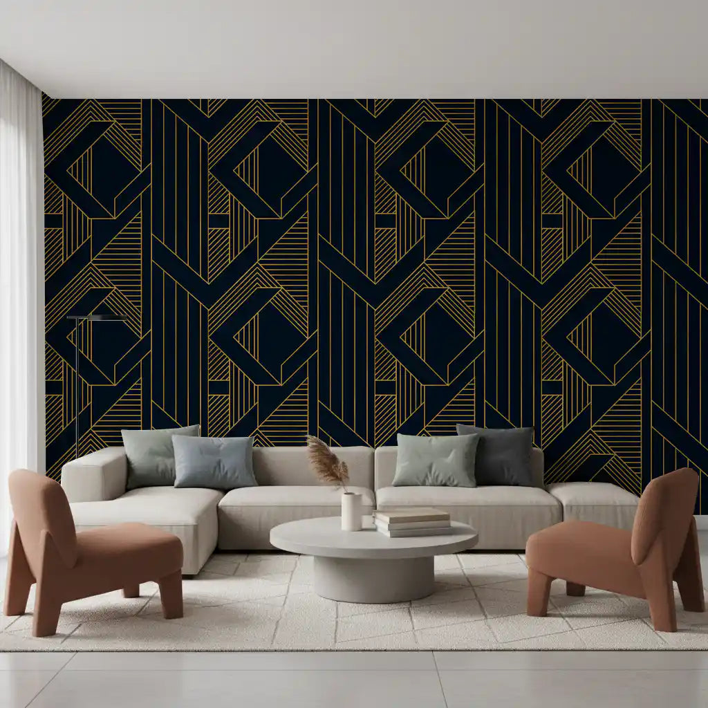 Luxurious Navy and Gold Art Deco Geometric Wallpaper