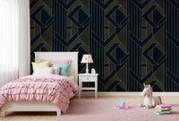 Luxurious Navy and Gold Art Deco Geometric Wallpaper