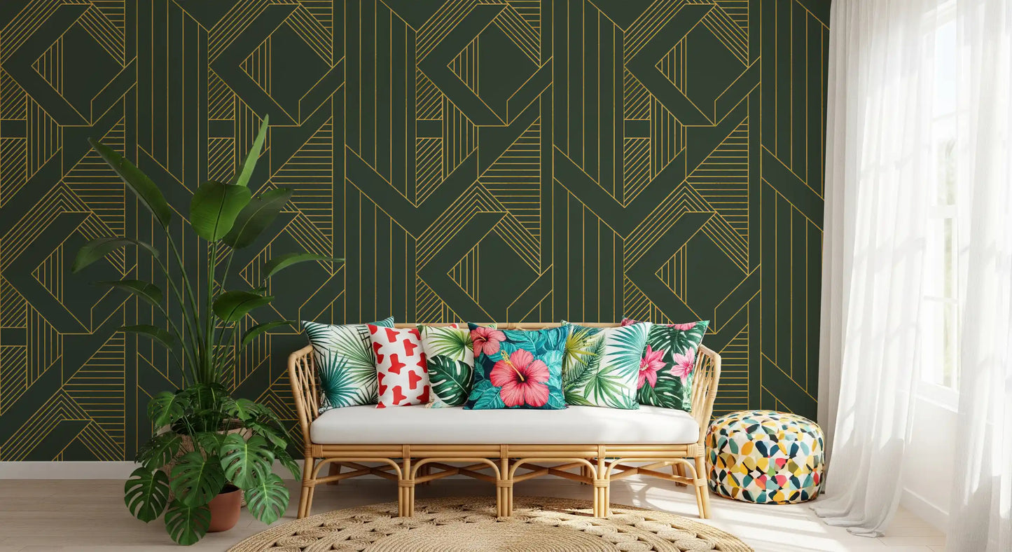 Art Deco Olive Green & Gold Geometric Wallpaper