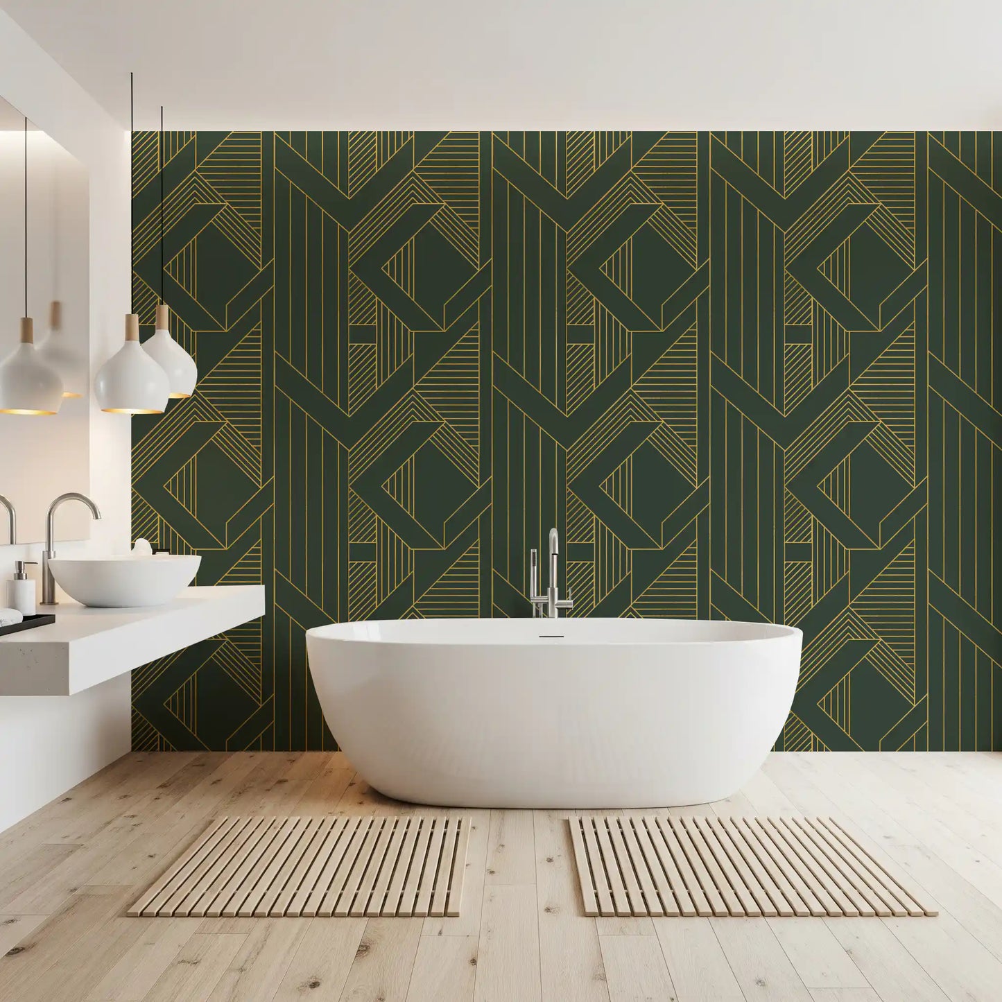 Art Deco Olive Green & Gold Geometric Wallpaper