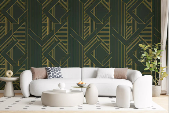 Olive and gold Art Deco wallpaper gives the Living room, structured finish.