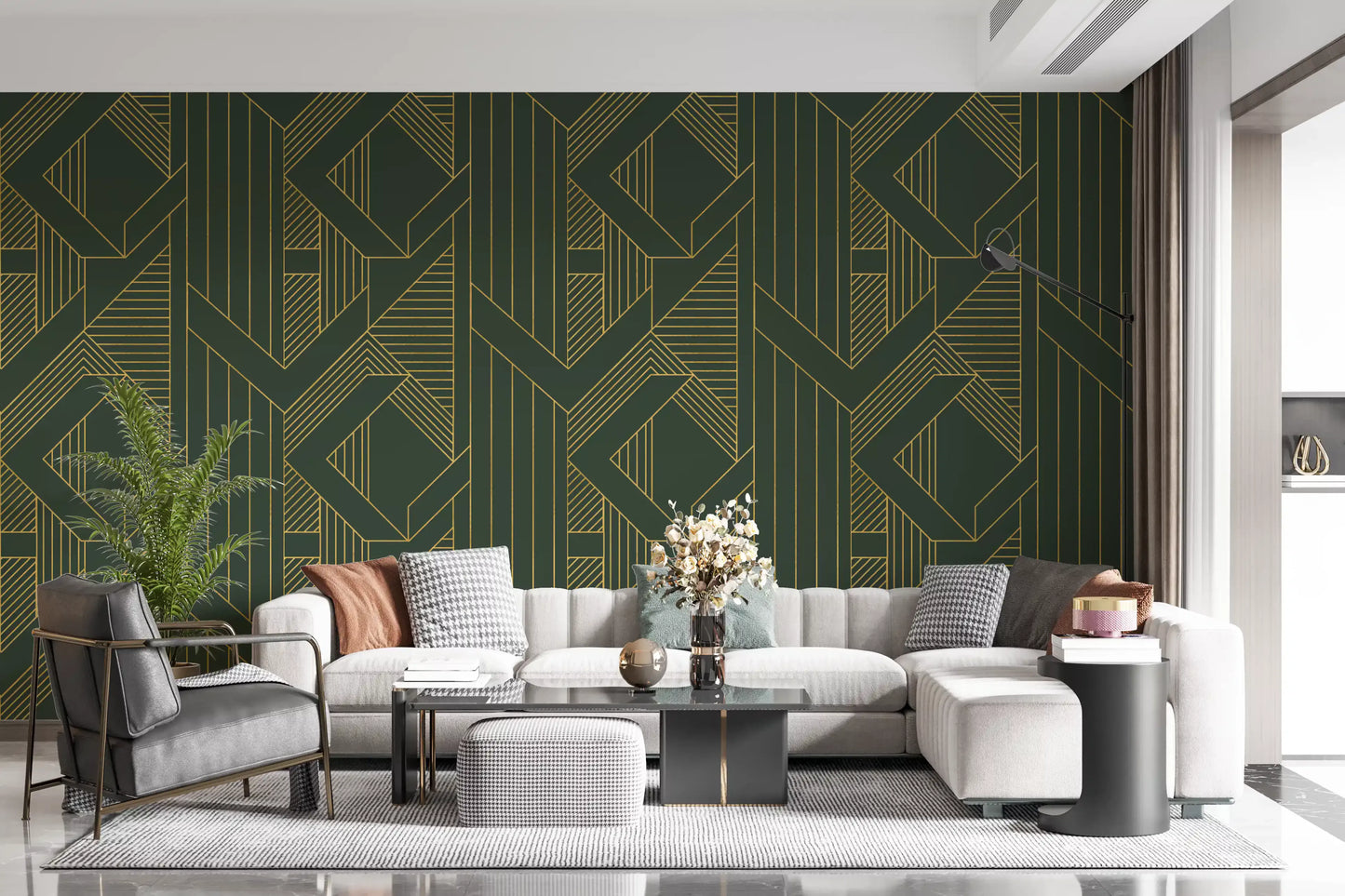 Art Deco Olive Green & Gold Geometric Wallpaper