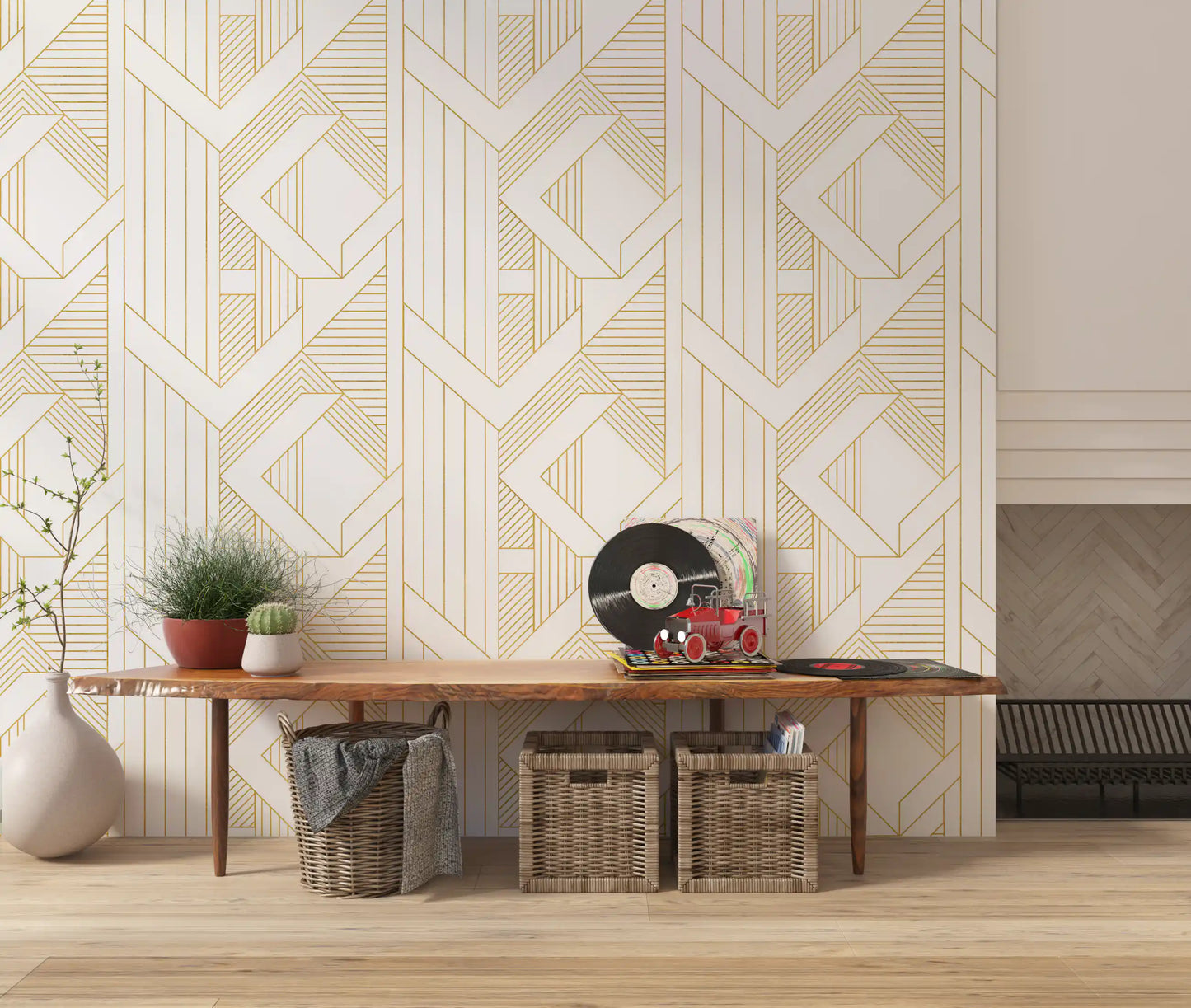 Deco Lines Gold and White Geometric Wall Art Wallpaper⁠