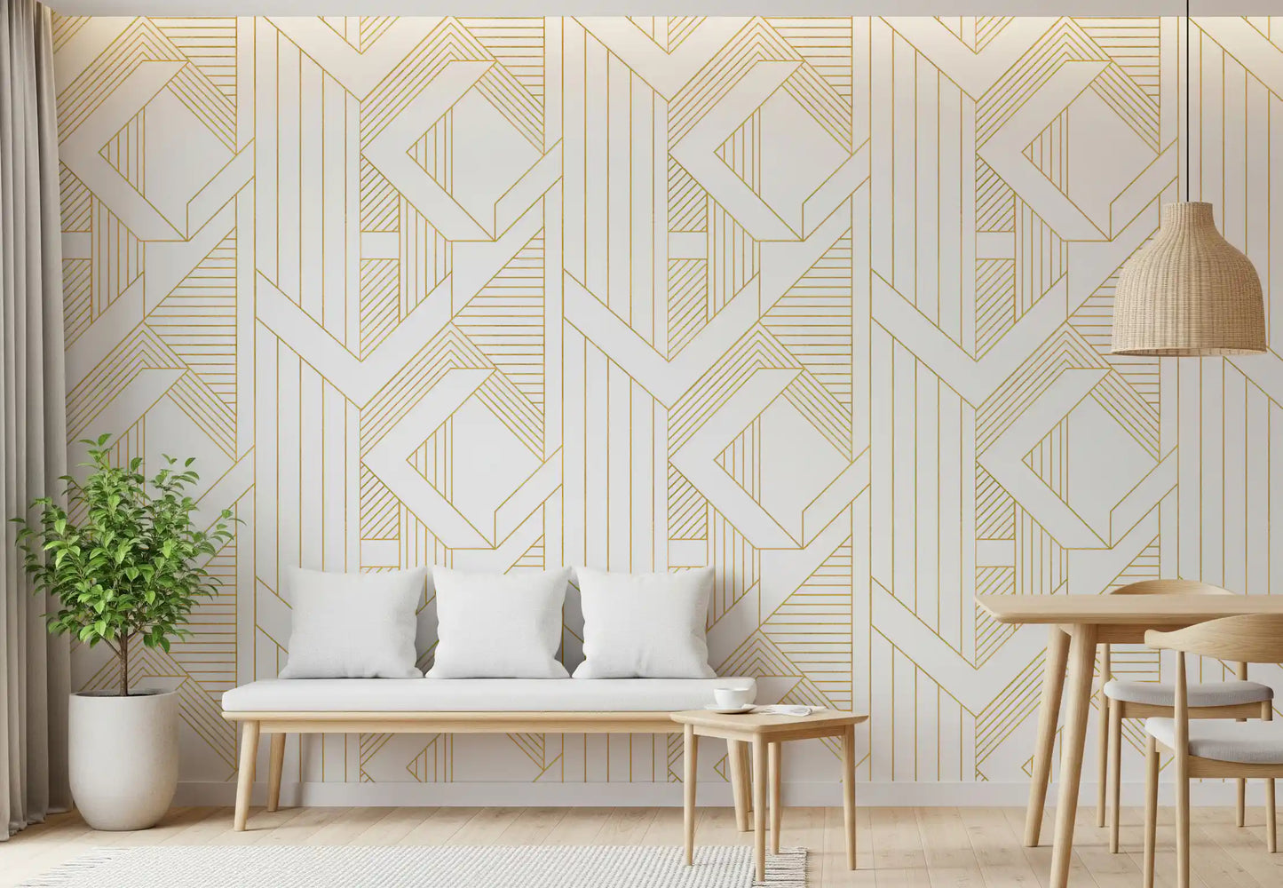 Deco Lines Gold and White Geometric Wall Art Wallpaper⁠