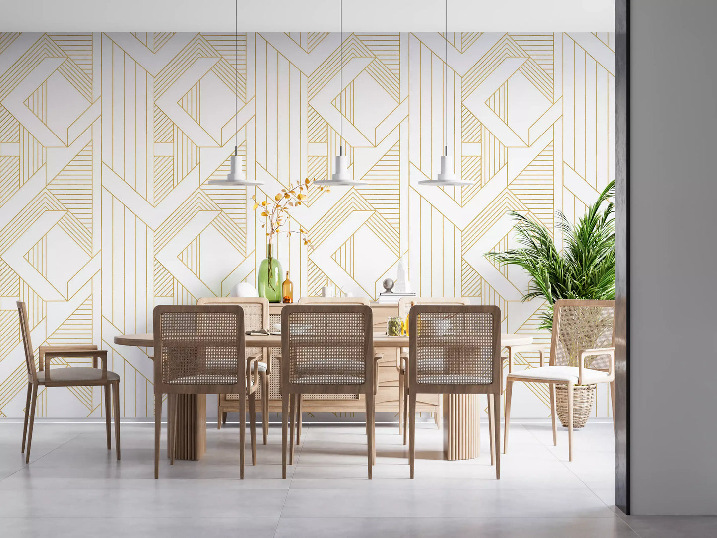 Deco Lines Gold and White Geometric Wall Art Wallpaper⁠