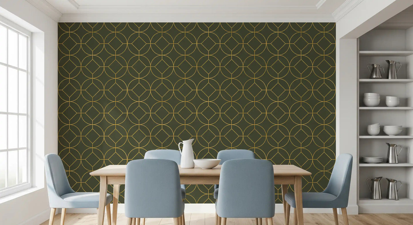 Elegant Olive and Gold Art Deco Geometric Wallpaper