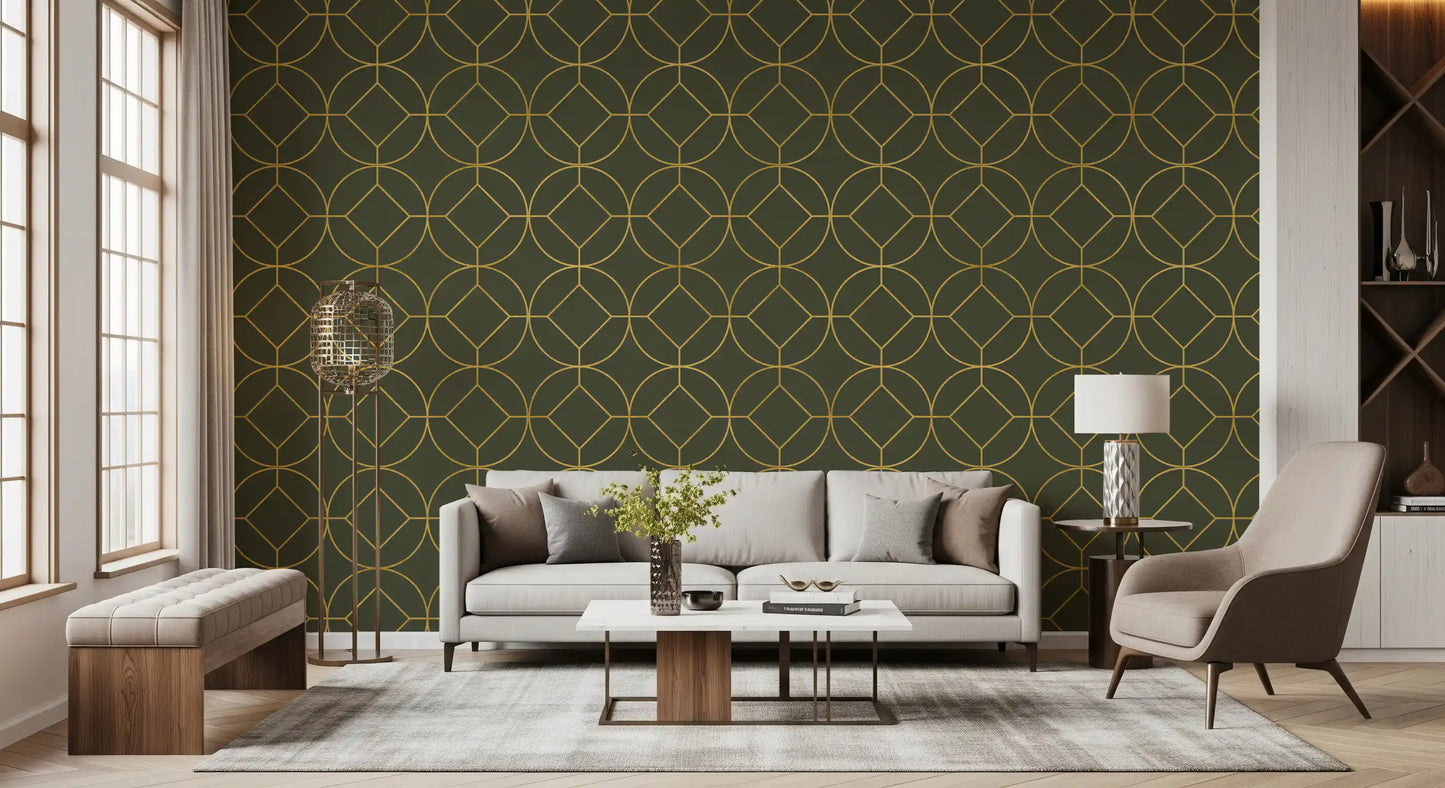 Elegant Olive and Gold Art Deco Geometric Wallpaper