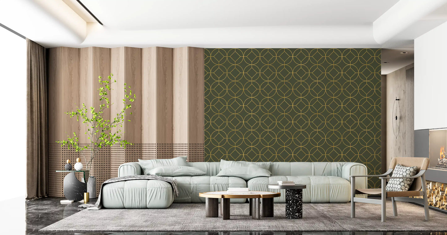 Elegant Olive and Gold Art Deco Geometric Wallpaper