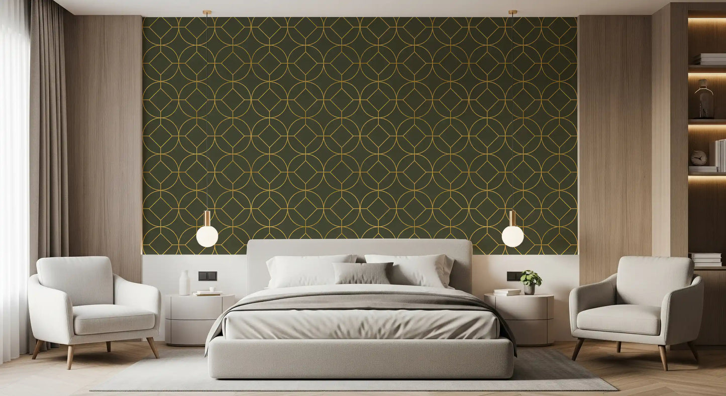 Elegant Olive and Gold Art Deco Geometric Wallpaper