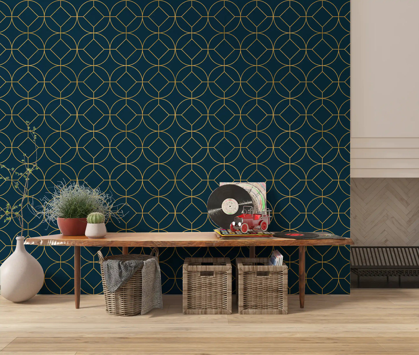 Art Deco Navy and Gold Geometric Wallpaper