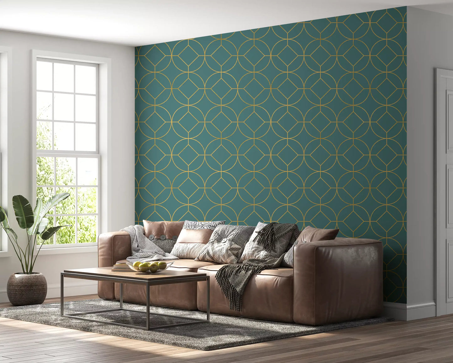 Teal and Gold Art Deco Geometric Wallpaper