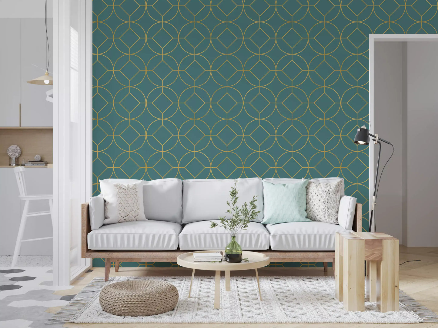 Teal and Gold Art Deco Geometric Wallpaper