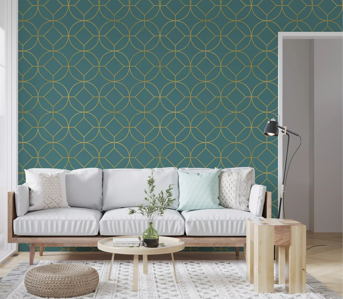 Teal and Gold Art Deco Geometric Wallpaper sets a calm focal feature in a living room.