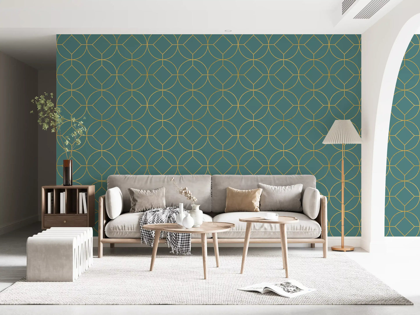 Teal and Gold Art Deco Geometric Wallpaper