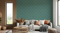 Teal and Gold Art Deco Geometric Wallpaper