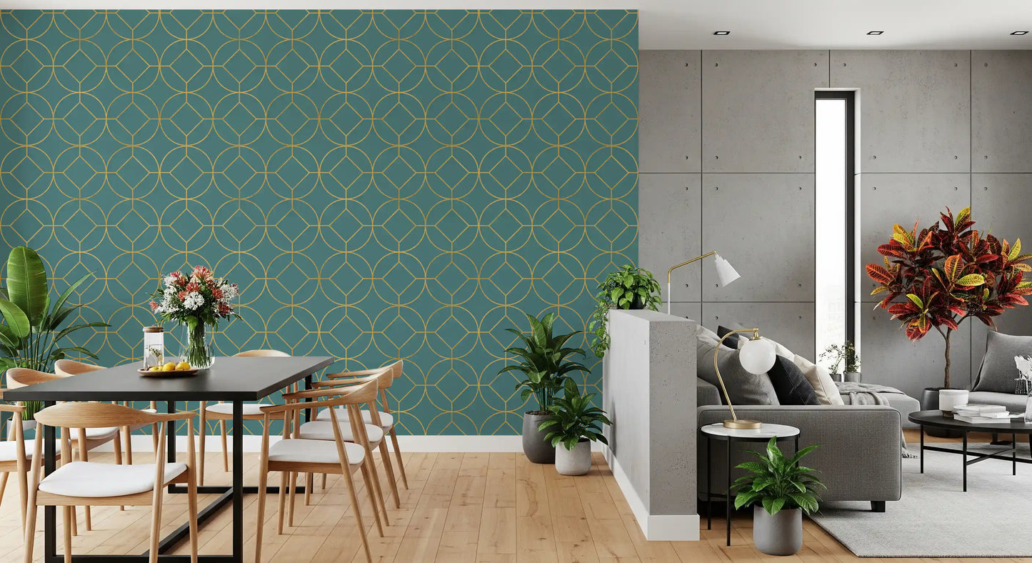Teal and Gold Art Deco Geometric Wallpaper