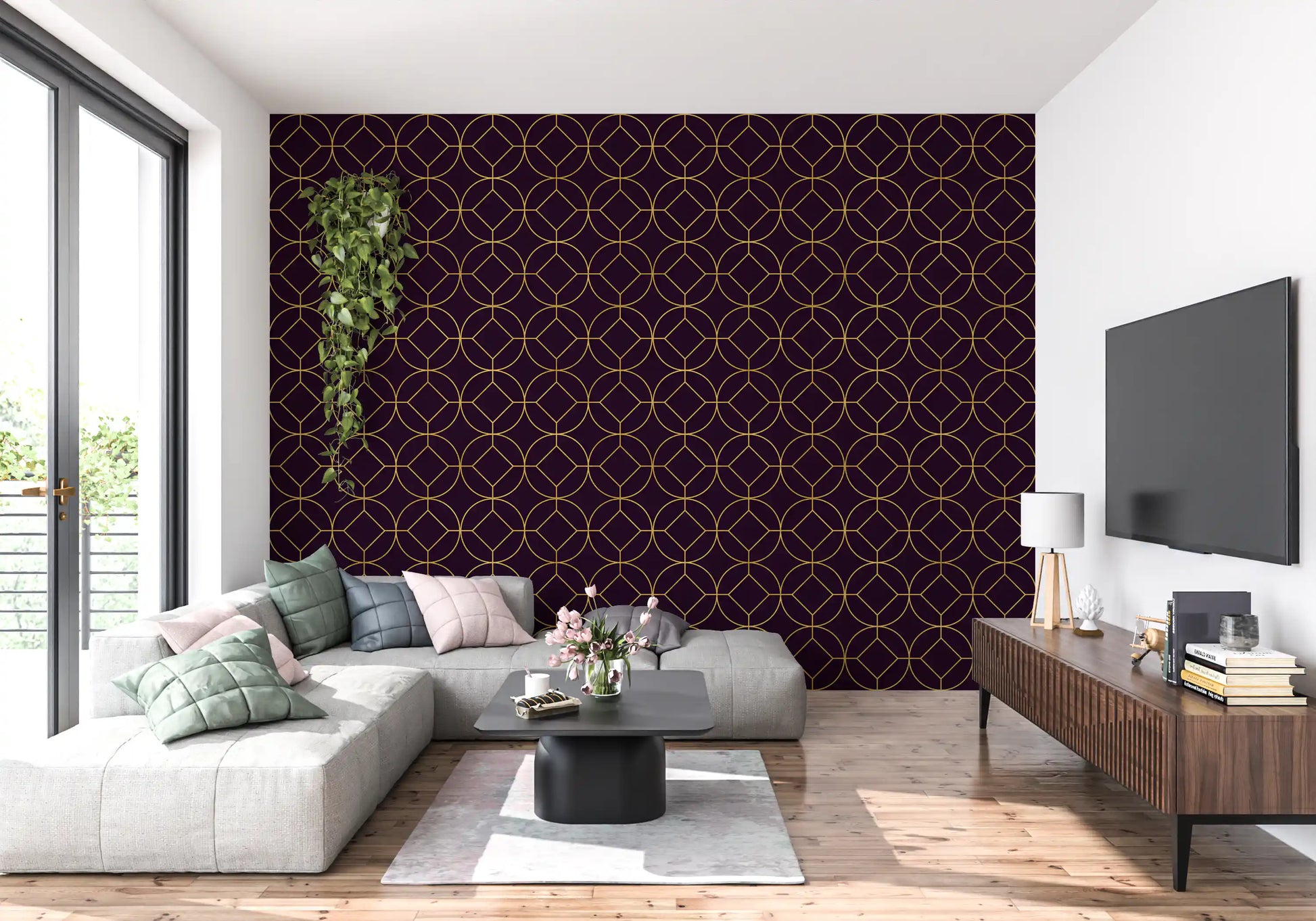 Bold plum wall with Art Deco Gold and Plum Geometric Wallpaper angular design for a living room.