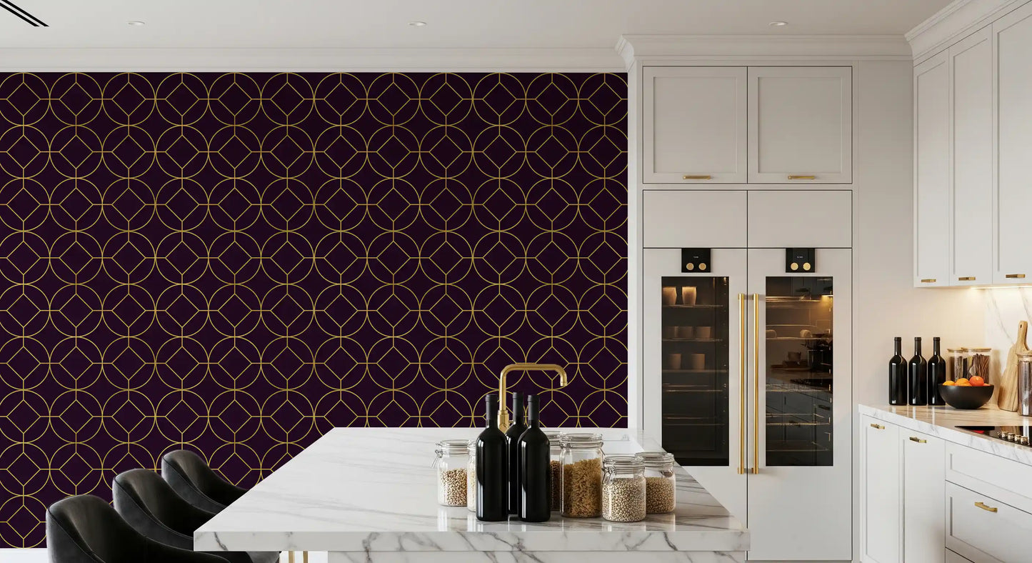 Artistic interior surface using Art Deco Gold and Plum Geometric Wallpaper look