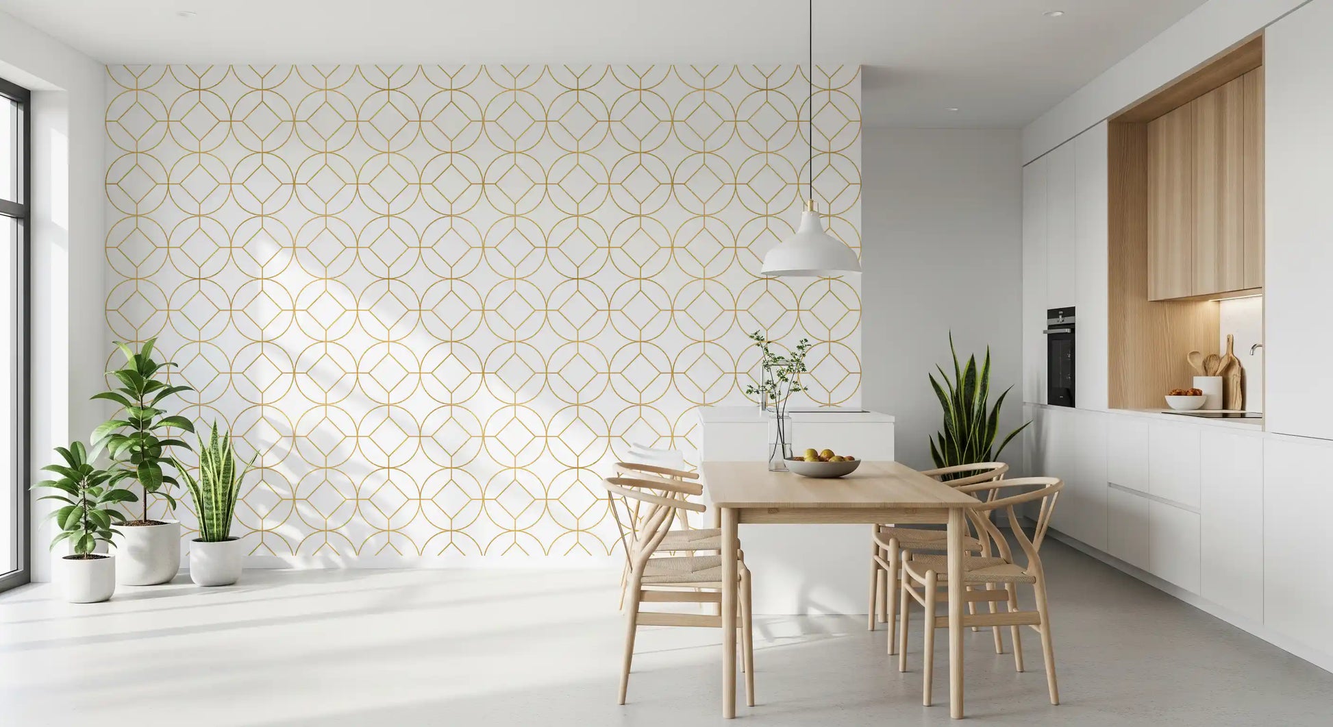 Clean wall finish styled with Modern Luxe Gold and White Lattice Wallpaper lines for a dining area