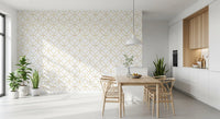 Clean wall finish styled with Modern Luxe Gold and White Lattice Wallpaper lines for a dining area