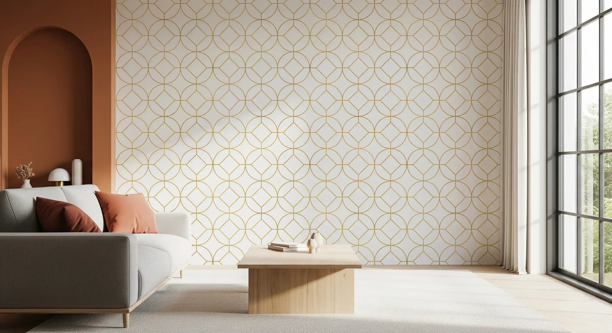 Elegant geometric backdrop of Modern Luxe Gold and White Lattice Wallpaper look