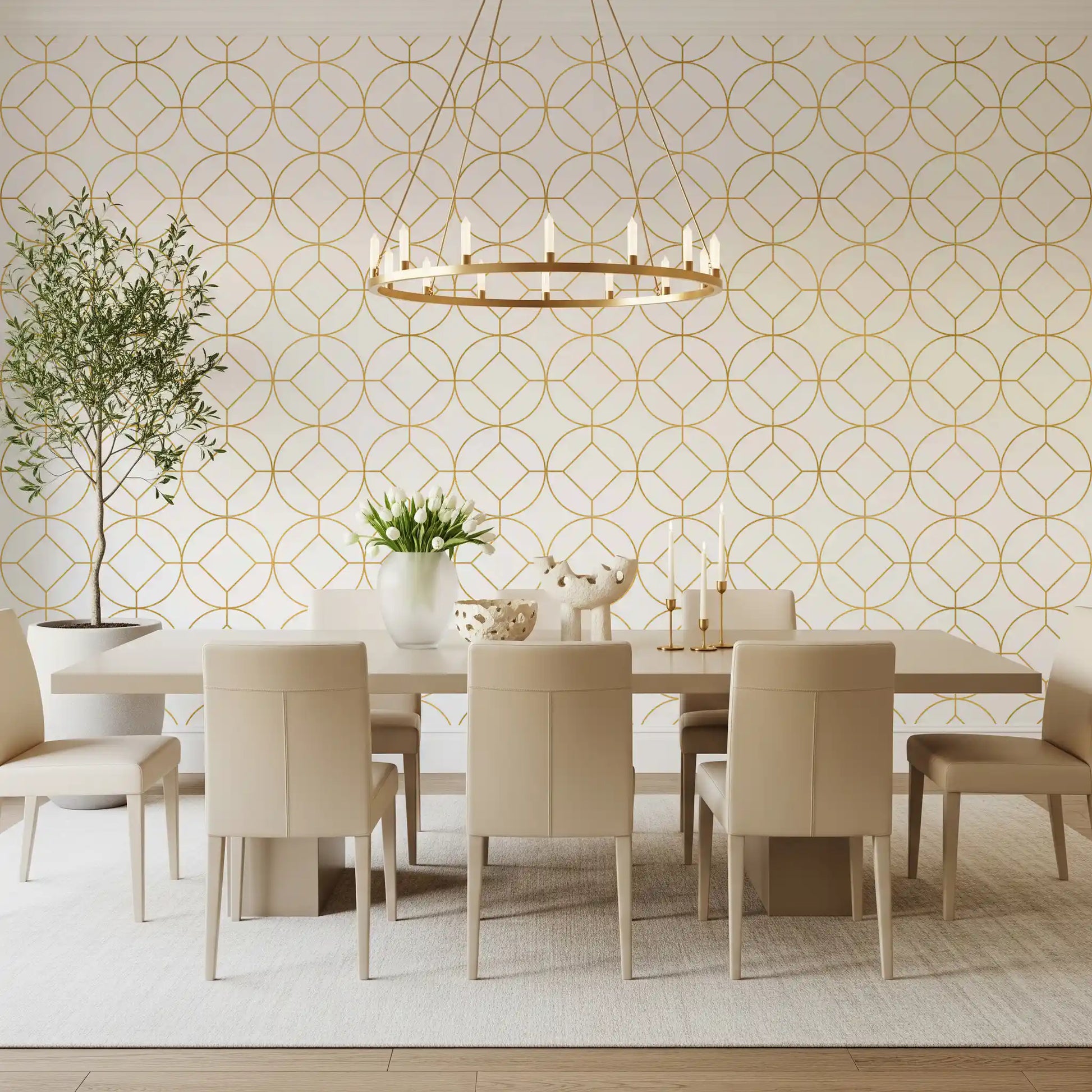 Stylish architectural pattern using Modern Luxe Gold and White Lattice Wallpaper