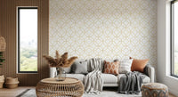 Light toned interior wall with Modern Luxe Gold and White Lattice Wallpaper style