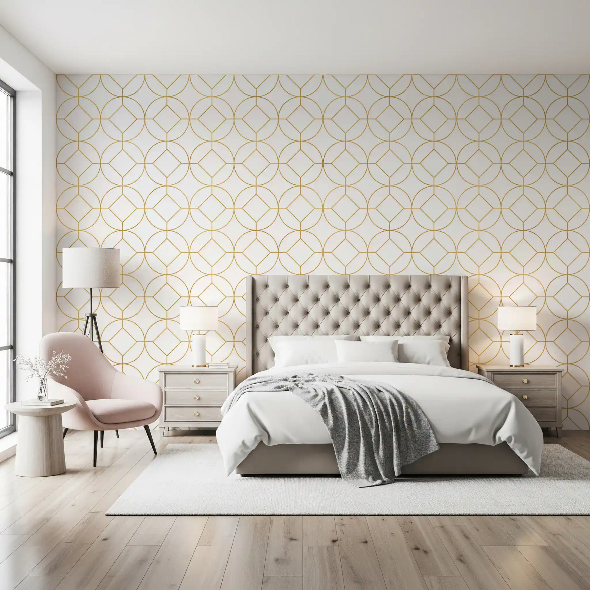 Bedroom Bright interior grid design using Modern Luxe Gold and White Lattice Wallpaper