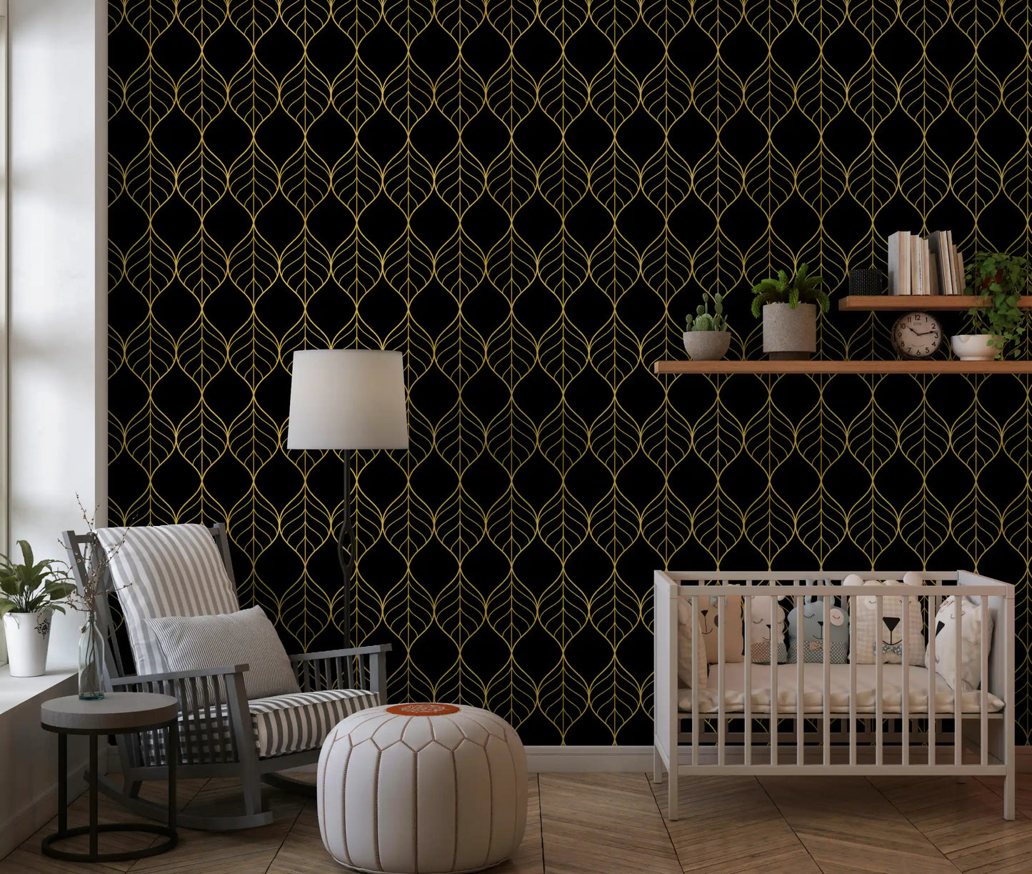 Contemporary decorative surface in Art Deco Gold and Black Leaf Wallpaper tone