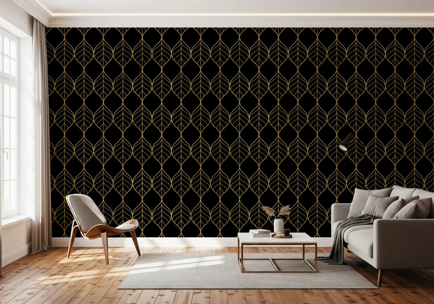 Bold evening-tone pattern from Art Deco Gold and Black Leaf Wallpaper style for a hallway.