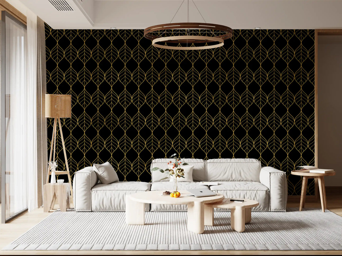 Dark themed pattern layer with Art Deco Gold and Black Leaf Wallpaper flow