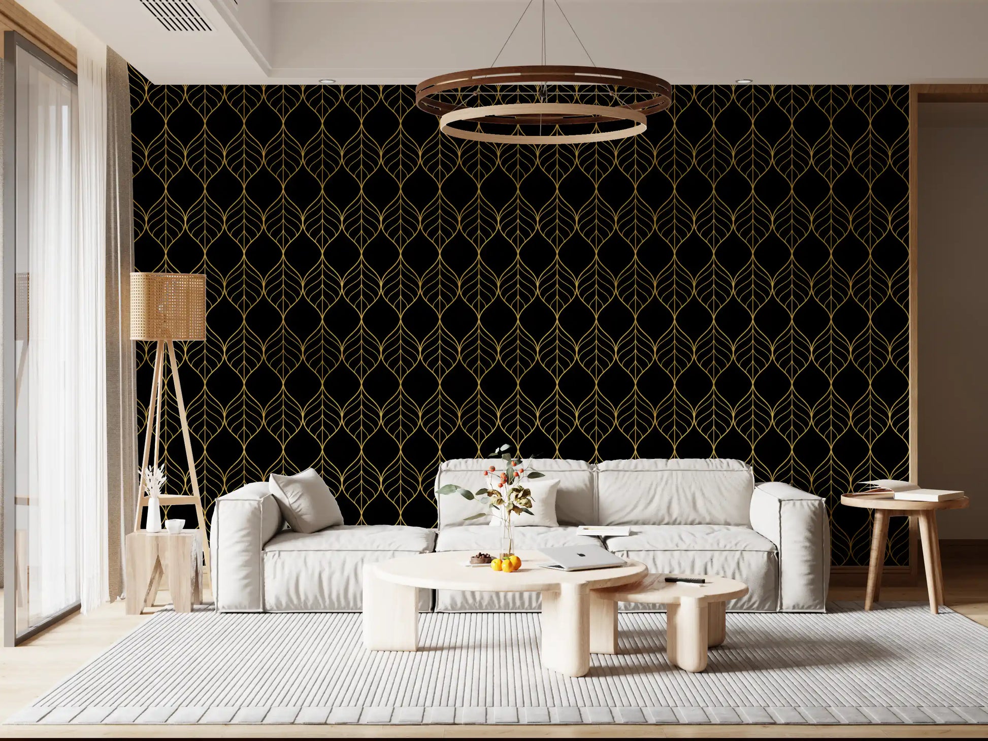 Dark themed pattern layer with Art Deco Gold and Black Leaf Wallpaper flow