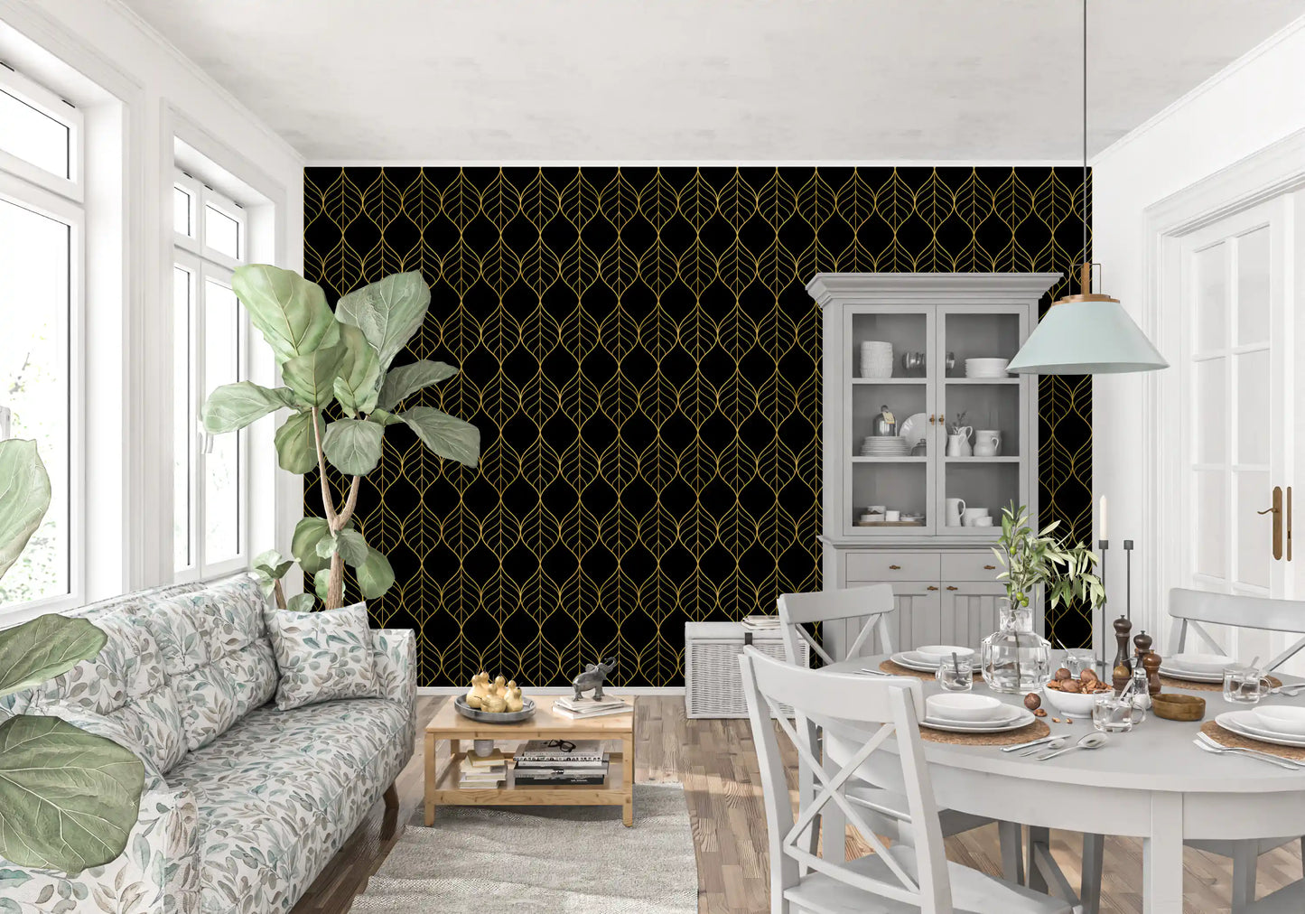 Luxe interior backdrop using Art Deco Gold and Black Leaf Wallpaper accents